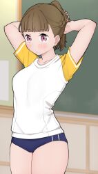 Rule 34 | 1girl, alternate hairstyle, arms behind head, blue buruma, blunt bangs, blush, braid, breasts, brown hair, buruma, center-flap bangs, chalkboard, commentary request, commission, gym uniform, half up braid, highres, indoors, kachimachi kosuzu, link! like! love live!, liz (piyoko piyop), looking at viewer, love live!, medium breasts, pink eyes, ponytail, shirt, skeb commission, solo, thighs, virtual youtuber, white shirt