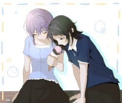 2girls bang_dream! bang_dream!_it&#039;s_mygo!!!!! black_hair blue_eyes blue_shirt commentary food_theft highres holding holding_ice_cream_cone ice_cream_cone multiple_girls open_mouth purple_hair ramm_1219 shirt short_hair short_sleeves sitting symbol-only_commentary yahata_umiri yuutenji_nyamu