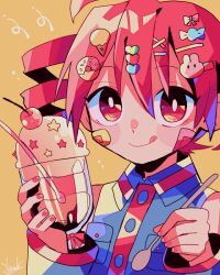 1girl ahoge black_shirt buttons close-up collared_shirt cup detached_sleeves double-parted_bangs drill_hair fingernails food food-themed_hair_ornament fruit hair_between_eyes hair_ornament holding holding_spork ice_cream ice_cream_cup kasane_teto kasane_teto_(utau) long_sleeves looking_at_viewer pocket red_hair red_nails red_trim shirt sleeveless sleeveless_shirt solo spork tongue tongue_out twin_drills utau wing_collar yellow_background yuusuke-kun