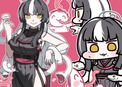 1boy 1girl :3 azami_(blue_archive) bare_shoulders bell black_hair blue_archive breasts chibi doodle_sensei_(blue_archive) grey_halo grey_kimono halo japanese_clothes jazz_jack jingle_bell kimono large_breasts long_hair looking_at_viewer mole mole_under_mouth multicolored_hair sensei_(blue_archive) slit_pupils smile snake snake_hair tongue tongue_out two-tone_hair white_hair yellow_eyes