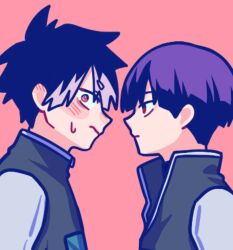 Rule 34 | 2boys, black hair, blush, closed mouth, commentary, dearahyeon, grey hair, high collar, hoshina soshiro, jacket, kaijuu no. 8, long sleeves, looking to the side, male focus, multicolored hair, multiple boys, narumi gen, nervous sweating, pink eyes, popped collar, purple hair, red background, red eyes, small sweatdrop, sweat, upper body, wavy mouth