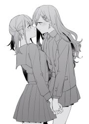 Rule 34 | 2girls, azusawa kohane, blazer, blush, closed mouth, collared shirt, commentary, couple, cowboy shot, earrings, eye contact, from side, greyscale, hair ornament, highres, holding hands, imminent kiss, interlocked fingers, jacket, jewelry, long hair, long sleeves, looking at another, medium hair, monochrome, multiple girls, neckerchief, open clothes, open jacket, paperclip hair ornament, parted lips, pleated skirt, project sekai, sailor collar, shiraishi an, shirt, sidelocks, skirt, standing, star (symbol), star earrings, star hair ornament, twintails, wavy hair, yuri, zhuotian
