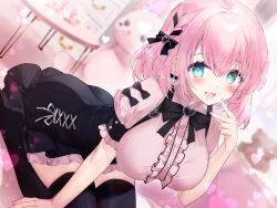 1girl :d aqua_eyes black_bow black_skirt black_thighhighs blush bow breasts chest_of_drawers frilled_skirt frills gem hair_between_eyes hair_ribbon indoors large_breasts long_hair looking_at_viewer medium_hair open_mouth original pillow pink_hair pink_shirt red_gemstone ribbon satsuki_misuzu shirt short_sleeves skirt smile solo stuffed_animal stuffed_toy table teddy_bear thighhighs