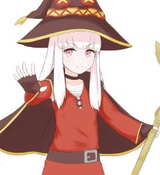 Rule 34 | 1girl, belt, chirun0, closed mouth, cosplay, female focus, fingerless gloves, fire emblem, fire emblem: three houses, gloves, hat, highres, kono subarashii sekai ni shukufuku wo!, long hair, lysithea von ordelia, megumin, megumin (cosplay), nintendo, pink eyes, simple background, smile, solo, white background, white hair, witch hat