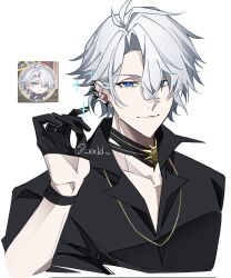 1boy black_gloves black_shirt blue_eyes closed_mouth gloves grey_hair half-closed_eyes half_gloves hand_up highres honkai:_star_rail honkai_(series) looking_at_viewer male_focus oo_1y open_clothes open_shirt phainon_(fashion)_(honkai:_star_rail) phainon_(honkai:_star_rail) photo-referenced shirt short_hair simple_background solo sparkle twitter_username upper_body white_background yellow_pupils