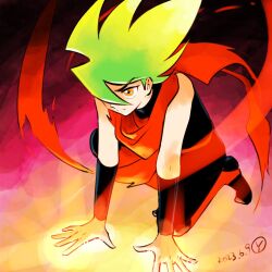 Rule 34 | 1boy, belt, black pants, black shirt, choujin locke, closed mouth, commentary, dated, energy, full body, green hair, hair over one eye, locke, looking ahead, male focus, on one knee, orange eyes, pants, red belt, red scarf, sakai yume, scarf, shirt, signature, sleeveless, sleeveless shirt, solo, spiked hair, wristband