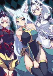 Rule 34 | 3girls, absurdres, alternate costume, animal ear fluff, animal ears, apollousa bow of the goddess, aqua hair, asymmetrical clothes, bare shoulders, black leotard, black thighhighs, black tiara, blush, breasts, checkered background, closed mouth, clothes pull, collarbone, detached sleeves, dress, duel monster, forehead jewel, green eyes, highres, jewelry, kanzakietc, large breasts, leotard, long hair, long sleeves, maliss &lt;q&gt; red ransom, maliss &lt;q&gt; white binder, multiple girls, pink eyes, puffy sleeves, pulling own clothes, smile, thighhighs, tiara, very long hair, white dress, white hair, white tiara, wolf ears, wolf girl, yu-gi-oh!