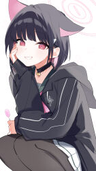 Rule 34 | 1girl, absurdres, animal ears, black choker, black hair, black hoodie, black jacket, black pantyhose, blue archive, blush, candy, cat choker, cat ears, cat girl, choker, colored inner animal ears, colored inner hair, food, hair ornament, halo, hand on own face, highres, hood, hoodie, jacket, kazusa (blue archive), kuroiu96, lollipop, long sleeves, looking at viewer, multicolored hair, neckerchief, pantyhose, pink halo, pink neckerchief, red eyes, short hair, skirt, solo, squatting, two-tone hair, white background