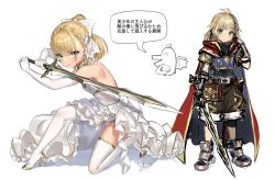 1boy armor backless_dress backless_outfit bare_shoulders belt black_cape black_shorts boots bow braid breastplate cape commentary crossdressing crown_braid dress earrings elbow_gloves full_body gauntlets gloves green_eyes hair_bow high_heels highres holding holding_sword holding_weapon jewelry long_hair multiple_views on_one_knee original out-of-frame_censoring ponytail red_cape shoes shorts signature simple_background sketch sleeveless sleeveless_dress speech_bubble sword thighhighs translated two-sided_fabric weapon white_background white_bow white_dress white_gloves white_thighhighs yapo_(croquis_side) yellow_shoes