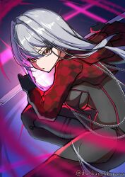 1girl absurdres bodysuit breasts brown_hair chain checkered_clothes da_kuronikorasu goddess_of_victory:_nikke grey_hair highres holding holding_sword holding_weapon latex latex_bodysuit long_hair official_alternate_costume scarlet_(nikke) scarlet_(racer&#039;s_high)_(nikke) solo stellar_blade sword weapon