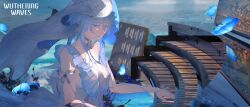 1girl absurdres armlet blue_butterfly blue_hair blue_nails blue_veil breasts bug butterfly closed_mouth colored_eyelashes commentary english_commentary grand_piano highres insect instrument jewelry large_breasts logo long_hair medium_breasts music nail_polish official_art piano playing_instrument playing_piano purple_eyes smile solo shorekeeper_(wuthering_waves) two-tone_veil veil void_0 white_veil wuthering_waves