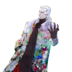 1boy advance_wars advance_wars:_days_of_ruin belt brown_belt brown_gloves brown_pants brown_shirt byte_(grunty-hag1) caulder commentary_request covered_navel cowboy_shot frown gloves hair_slicked_back hand_in_pocket lab_coat linea_alba looking_to_the_side medium_hair mullet multicolored_clothes outstretched_arm pale_skin pants pectorals profile red_eyes shirt simple_background smirk solo stained_clothes veins white_background white_hair