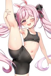 1girl absurdres ahoge animal_ears bansyono-mamoribito bike_shorts black_shorts black_sports_bra bow breasts cameltoe commentary hair_bow highres indie_virtual_youtuber looking_at_viewer navel one_eye_closed open_mouth pink_eyes pink_hair short_shorts shorts simple_background small_breasts split sports_bra sports_panties standing standing_on_one_leg standing_split stomach tomari_mari twintails white_background