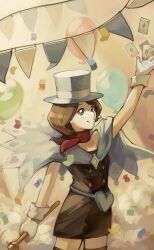 1girl absurdres ace_(playing_card) ace_attorney ace_of_diamonds ace_of_hearts ace_of_spades aqua_hat arm_up blue_eyes capelet card diamond_(shape) gloves hat heart highres holding holding_card kornod playing_card smile solo spade_(shape) top_hat trucy_wright white_gloves