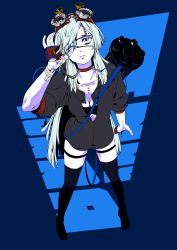 1girl alternate_costume arm_at_side bandages black_boots black_thighhighs blood blood_stain blue_background blue_eyes blue_ribbon boots breasts cable cleavage dagger eyelashes eyepatch female_focus from_above full_body goggles goggles_on_head gun highres hood hood_down hooded_jacket hook jacket jin_chongtian knife legs_apart liquid looking_at_viewer machine_gun mole pale_skin parted_lips ribbon short_sleeves silver_hair solo stab standing stitches swept_bangs text_background text_focus thigh_strap thighhighs unzipped vocaloid vocanese vsinger_(vocaloid) weapon weapon_on_back zhanyin_lorra