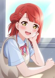 1girl absurdres blue_shirt blunt_bangs blush brown_eyes brown_hair brown_vest commentary desk hair_bun hair_ornament hairclip haruharo_(haruharo_7315) head_rest highres indoors light_particles looking_at_viewer love_live! love_live!_nijigasaki_high_school_idol_club medium_hair neck_ribbon nijigasaki_school_uniform open_mouth red_ribbon ribbon school_desk school_uniform shirt single_hair_bun sitting smile solo sunlight uehara_ayumu vest window