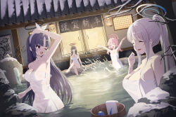 4girls absurdres bare_legs black_hair black_halo blue_archive breasts bucket cleavage commentary_request crossed_legs halo highres koyuki_(blue_archive) large_breasts legs long_hair mechanical_halo medium_breasts multiple_girls naked_towel noa_(blue_archive) one_eye_closed onsen open_mouth partially_submerged pink_hair pink_halo ponytail purple_eyes purple_hair rio_(blue_archive) seminar_(blue_archive) small_breasts smile splashing towel water white_hair wooden_bucket yuuka_(blue_archive) yuzb