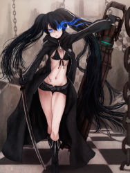 Rule 34 | 10s, 1girl, arm cannon, belt, bikini, bikini top only, black bikini, black hair, black rock shooter, black rock shooter (character), blue eyes, coat, denim, denim shorts, female focus, flat chest, highres, huge weapon, katana, legs, long hair, midriff, open clothes, open coat, scharfschutze, shorts, solo, swimsuit, sword, twintails, very long hair, vocaloid, weapon