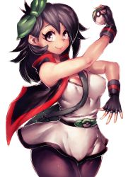1girl bare_shoulders belt black_gloves black_hair bow breasts brown_eyes covered_erect_nipples female_focus fingerless_gloves friend_ball fumio_(rsqkr) gloves green_bow hair_bow highres looking_at_viewer medium_breasts nintendo original pantyhose poke_ball poke_ball_(basic) pokemon simple_background skirt smile solo standing thighs white_background wide_hips