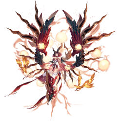 1girl absurdres bird breasts brown_eyes brown_hair detached_sleeves dress feathered_wings fiery_wings full_body highres medium_breasts open_mouth solo starward thighhighs white_background white_dress wings zhu_fun