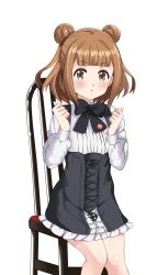 Rule 34 | 1girl, absurdres, beatrice (princess principal), black bow, black bowtie, blush, bow, bowtie, brown eyes, brown hair, double bun, hair bun, highres, kiniro tofu, looking at viewer, maid, on chair, open mouth, princess principal, shiny skin, short hair, simple background, sitting, solo, white background