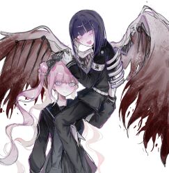 1833529948 1boy 1girl absurdres armband black_hair black_jacket black_pants black_serafuku black_skirt blood bloody_wings blush brother_and_sister carrying carrying_person chinese_commentary closed_mouth commentary_request gloves highres jacket last_defense_academy_school_uniform long_hair neckerchief open_mouth pants pink_hair purple_eyes quad_tails school_uniform serafuku siblings skirt skirt_set smile sweat the_hundred_line_-last_defense_academy- tsukumo_ima tsukumo_kako twins very_long_hair white_armband white_gloves white_neckerchief wings