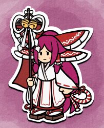1girl absurdly_long_hair absurdres bell bow chihaya_(clothing) foul_detective_satori frilled_bow frilled_hair_tubes frills gensokyo&#039;s_first_hakurei_miko hair_bow hair_tubes highres holding huge_bow japanese_clothes jingle_bell long_hair long_sleeves mario_(series) mcsquiddies miko nintendo paper_mario purple_hair ribbon-trimmed_sleeves ribbon_trim sandals touhou very_long_hair wide_sleeves