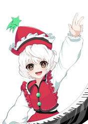 1girl :d absurdres brown_eyes frilled_hat frilled_sleeves frills guminemi hat highres instrument keyboard_(instrument) long_sleeves lyrica_prismriver open_mouth puffy_sleeves red_hat red_skirt red_vest shirt shooting_star_hat_ornament short_hair skirt smile solo touhou vest white_hair white_shirt