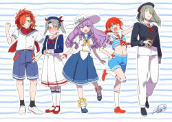 ;d absurdres bare_arms bare_shoulders beret binoculars black_hat black_shirt black_shoes black_socks blue_eyes blue_sailor_collar blue_shirt blue_shoes blue_shorts blush braid character_request closed_mouth crop_top etrian_odyssey green_eyes grey_hair grin hair_over_one_eye hand_up hat highres holding kneehighs long_hair midriff monk_(sekaiju) monk_4_(sekaiju) navel neck_ribbon nikki_kyousuke nose_blush one_eye_closed open_mouth orange_hair pants pleated_skirt purple_eyes purple_hair red_eyes red_ribbon red_shoes ribbon ringlets sailor_collar shirt shoes short_twintails shorts signature single_braid skirt sleeveless sleeveless_shirt smile socks sovereign_(sekaiju) sovereign_4_(sekaiju) standing standing_on_one_leg striped_background striped_clothes striped_shirt suspender_skirt suspenders twintails very_long_hair white_pants white_sailor_collar white_shirt white_shoes white_skirt white_socks