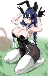 1girl absurdres alternate_costume animal_ears armpits arms_up black_gloves black_hair black_leotard black_pantyhose blue_eyes braid breasts fake_animal_ears fake_tail gloves hair_intakes hair_ribbon highleg highleg_leotard highres hololive hololive_english huge_breasts koizumi_arata leotard long_hair looking_at_viewer low_twin_braids ouro_kronii pantyhose rabbit_ears rabbit_tail ribbon solo strapless strapless_leotard tail thighhighs twin_braids virtual_youtuber white_ribbon white_thighhighs