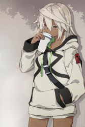 10mo 1girl alternate_costume breasts brown_eyes cup dark-skinned_female dark_skin disposable_cup drinking guilty_gear hair_between_eyes hand_in_pocket highres holding holding_cup hood hood_down hoodie long_hair long_sleeves ramlethal_valentine shorts sidelocks solo white_hair white_shorts