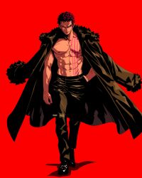 Rule 34 | 1boy, abs, absurdres, black coat, black pants, black shoes, charlotte katakuri, chest tattoo, closed mouth, coat, coat on shoulders, commission, facial scar, full body, fur-trimmed coat, fur trim, hand in pocket, highres, looking at viewer, male focus, one piece, pants, pectorals, prenkuchan, red background, scar, scar on cheek, scar on face, shoes, short hair, solo, stomach, straight-on, tattoo, walking