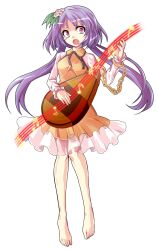 1girl alphes_(style) barefoot biwa_lute bracelet brown_dress chain commentary_request dairi dress flower full_body hair_flower hair_ornament highres instrument jewelry long_hair long_sleeves looking_at_viewer lute_(instrument) musical_note parody purple_eyes purple_hair shining_needle_castle smile solo style_parody tachi-e touhou transparent_background tsukumo_benben twintails very_long_hair
