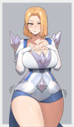 1girl absurdres azz0422 blonde_hair blue_eyes blue_lips breasts cape choker cleavage commentary earrings elbow_gloves emma_frost gloves highres jewelry large_breasts lipstick looking_at_viewer makeup marvel marvel_rivals short_hair solo thick_thighs thighs x-men