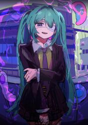 Rule 34 | 1girl, :d, aqua hair, black jacket, blue eyes, collared shirt, colored sclera, commentary, eyepatch, hair intakes, hatsune miku, highres, jacket, long hair, looking at viewer, monitoring (vocaloid), necktie, omu (omurice0u0), open mouth, purple necktie, purple sclera, shirt, skirt, smile, solo, suit jacket, twintails, very long hair, vocaloid, white shirt
