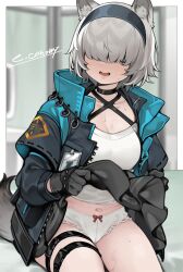 1girl animal_ear_fluff animal_ears arknights black_gloves black_hairband black_jacket bow bow_panties cat_ears cat_girl cat_tail commentary_request e_draw_paint gloves hair_over_eyes hairband jacket navel open_clothes open_jacket open_mouth panties reserve_operator_guard_(arknights) shirt signature sitting solo tail thigh_strap underwear white_panties white_shirt