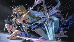 2girls absurdres bare_shoulders barefoot black_dress blonde_hair blue_eyes blue_hair breasts cartethyia_(wuthering_waves) colored_inner_hair commentary crown_of_thorns dress dual_persona earrings english_commentary erikvarts fleurdelys_(wuthering_waves) from_side full_body hand_on_another&#039;s_face highres jewelry large_breasts long_hair looking_at_another medium_breasts multicolored_hair multiple_girls parted_lips planted planted_sword planted_weapon pointy_ears restrained sandals sword tabard tacet_mark_(wuthering_waves) thighs very_long_hair weapon white_sandals white_tabard wuthering_waves
