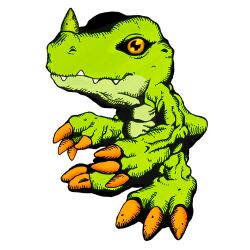 Rule 34 | agumon, claws, colored skin, digimon, digimon world re:digitize, green skin, horns, looking at viewer, muscular, orange eyes, sharp teeth, tail, teeth, third-party edit, veins, vilmondigibits, white background