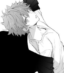 1boy akehoshi_subaru arm_out_of_frame ensemble_stars! from_above greyscale hair_between_eyes highres looking_at_viewer looking_up maki_keigo male_focus monochrome outstretched_arms parted_lips shirt short_hair simple_background solo upper_body white_background white_shirt