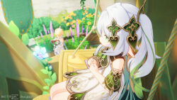 2girls flower genshin_impact green_eyes highres langbazi lumine_(genshin_impact) multiple_girls nahida_(genshin_impact) on_swing pointy_ears rope sitting swing watermark white_hair