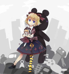 2girls adapted_costume asymmetrical_legwear black_footwear black_legwear blonde_hair blue_eyes bow building car caution collar crack cracked_skin cross-laced_clothes doll doll_joints dot_pupils dress fairy_wings frilled_dress frills game_boy game_boy_(original) handheld_game_console holding holding_doll joints junk junkyard lolita_fashion medicine_melancholy mismatched_legwear motor_vehicle multiple_girls murani pantyhose puffy_short_sleeves puffy_sleeves railroad_tracks red_bow red_legwear red_ribbon ribbon robot shoes short_sleeves sign single_shoe single_thighhigh size_difference smile striped_clothes striped_legwear striped_pantyhose stuffed_animal stuffed_rabbit stuffed_toy stuffing su-san teddy_bear thighhighs torn_clothes torn_legwear touhou warning_sign white_collar white_legwear wings yellow_legwear