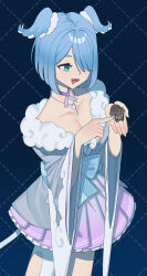 Rule 34 | 1girl, :d, absurdres, animal, aqua eyes, asymmetrical bangs, blue background, blue bow, blue eyes, blue hair, blue nails, blue sash, blue wings, boar, bow, breasts, brown fur, cheek poking, cleavage, collarbone, commentary, cross-shaped pupils, diagonal-striped bow, elira pendora, elira pendora (2nd costume), english commentary, eyebrows hidden by hair, fang, fingernails, frilled skirt, frills, fur-trimmed kimono, fur trim, gradient background, gradient clothes, gradient ribbon, gradient skirt, grey kimono, grey skirt, grid background, hair intakes, hair over one eye, hair wings, half-closed eyes, hands up, head wings, highres, holding, holding animal, japanese clothes, jewelry, karassawa, key, key necklace, kimono, large bow, long eyelashes, long fingernails, looking at animal, looking down, medium breasts, miniskirt, narrowed eyes, neck ribbon, necklace, nijisanji, nijisanji en, obi, off shoulder, open mouth, parted bangs, parted hair, pink skirt, pleated skirt, poking, purple ribbon, raised eyebrows, ribbon, sash, short hair, sidelocks, single thighhigh, skin fang, skirt, smile, snout, solo, standing, striped bow, striped sash, symbol-shaped pupils, thick eyelashes, thighhighs, triangle mouth, tusks, two-tone skirt, two-tone wings, undersized animal, waist bow, waist sash, white bow, white sash, white thighhighs, white trim, white wings, wide sleeves, wings