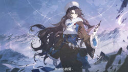 1girl absurdres badge black_hair blue_sky brown_jacket brown_skirt closed_mouth gloves green_eyes hand_up hat high-waist_skirt highres holding holding_walkie-talkie jacket long_hair looking_at_viewer moldir_(reverse:1999) mountain outdoors reverse:1999 scarf shirt skirt sky snow solo sumery upper_body ushanka very_long_hair walkie-talkie watermark weibo_watermark white_gloves white_hat white_scarf white_shirt