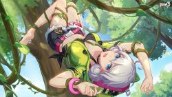 1girl barcode barcode_tattoo bare_legs barefoot belt black_choker black_shorts bracelet breasts choker crop_top cutoffs double_bun game_cg green_jacket hair_bun highres honkai_(series) honkai_impact_3rd hood hooded_jacket jacket jewelry kiana_kaslana kiana_kaslana_(knight_moonbeam) kiana_kaslana_(lemon_soda) medium_breasts midriff navel official_alternate_costume pink_belt plant short_shorts short_sleeves shorts solo tattoo thigh_strap tree vines