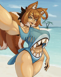 1girl abs abs_cutout animal_costume animal_ear_fluff animal_ears beach blazblue blue_sky breasts brown_eyes brown_hair clothing_cutout cloud day ekkonus highres large_breasts looking_at_viewer makoto_nanaya muscular muscular_arms muscular_female muscular_legs ocean one-piece_swimsuit palm_tree sand shark_costume short_hair sky squirrel_ears squirrel_tail stomach_cutout swimsuit tail teeth thick_thighs thighs tree underboob upper_teeth_only water