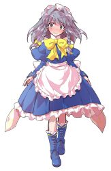 1girl apron arms_at_sides blue_dress blue_shoes blush boots bow bowtie braided_sidelocks breasts commentary_request curiosities_of_lotus_asia dairi dress embarrassed frilled_apron frills full_body grey_eyes grey_hair hair_bow hair_intakes highres izayoi_sakuya juliet_sleeves large_breasts large_variant_set long_hair long_sleeves looking_at_viewer maid maid_apron maid_headdress parted_lips petticoat pleated_dress puffy_sleeves shoes simple_background solo standing tachi-e tearing_up touhou transparent_background variant_set wavy_eyebrows wavy_mouth white_apron wispy_bangs yellow_bow yellow_bowtie