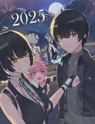 Rule 34 | aalto (wuthering waves), bandaged wrist, bandages, bare shoulders, black hair, black jacket, breasts, camellya (wuthering waves), collar, collared jacket, commentary, cross-laced clothes, cross-laced top, dated, encore (wuthering waves), english commentary, female rover (wuthering waves), grey hair, grey shirt, grin, highres, jacket, large breasts, looking at viewer, male rover (wuthering waves), open clothes, open jacket, rover (wuthering waves), shirt, short hair, smile, tabard, white collar, white tabard, wuthering waves, yellow eyes, yonyanyon