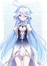 1girl ahoge blue_hair border dress drop-shaped_pupils eyelash_ornament furina_(genshin_impact) genshin_impact gradient_clothes gradient_dress heterochromia highres kkr_rkgk long_hair multicolored_hair smile solo streaked_hair symbol-shaped_pupils translation_request white_border