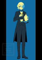 1boy bow bowtie butler chelonica_(famiresu_wo_kyouju_seyo) commentary_request cup famiresu_wo_kyouju_seyo gloves hair_over_one_eye highres holding holding_tray mia960 mole mole_under_eye simple_background solo teacup tray