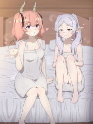 Rule 34 | 2girls, absurdres, arehoko, bed, blush, breasts, demon girl, demon horns, elf, female focus, flat chest, frieren, heart, highres, horns, knees together feet apart, linie (sousou no frieren), multiple girls, covered erect nipples, pink hair, pointy ears, presenting, ribbon, sitting, small breasts, sousou no frieren, twintails, underwear, white hair, yellow horns